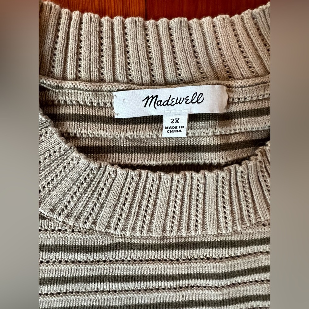 NWOT Madewell Taupe & Green Striped Knit Textural-Stitch Cotton Sweater -2X Plus - Picture 2 of 8